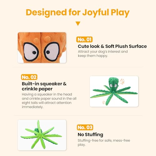 HGB Squeaky Dog Toys - Octopus No Stuffing Crinkle Plush Large Dog Toys to Keep Them Busy for Puppy Teething Chewing, Pet ...