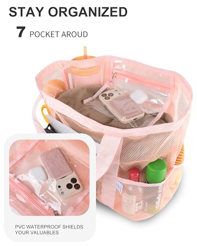 Genteen Beach Bag for Women, Mesh Tote Bags with Zipper, Sandproof Vacation Essentials with Cooler for Swim Cruise Pool