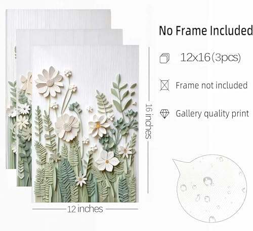 3 Pcs Sage Green Wildflowers Canvas Wall Art Neutral Minimalist Abstract Boho Floral Botanical Painting Pictures Wall Deco...