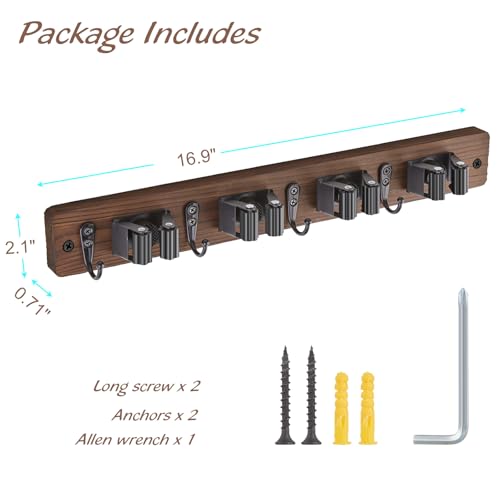 OUTNILI Mop and Broom Holder Wall Mount - Rustic Wood Broom Mop Hanger - Wall Mounted Garden Tool Rack Organizer for Close...