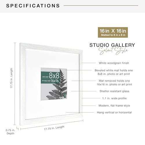 MCS Studio Gallery 16x16 Matted Photo Frame with 8x8 Picture Display, White Woodgrain Vertical & Horizontal Wall Hanging L...