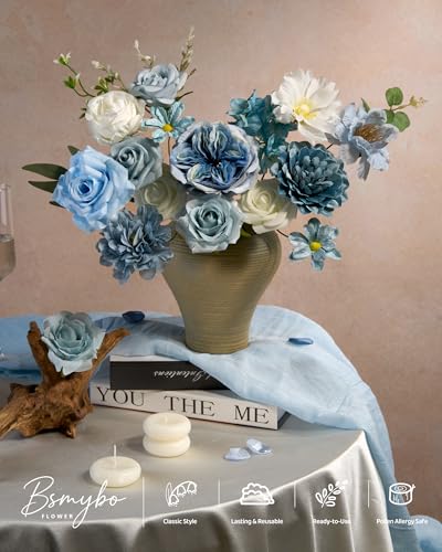 Artificial Blue Flowers Combo Box Set Baby Blue Rose Flowers Bulk Mix Dusty Blue Dahila Peonies Fake Silk Light Blue Flowe...