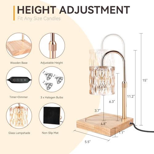 Candle Warmer Lamp with 3 Bulbs, Adjustable Height Dimmable Candle Warmer with Timer, Candle Lamp with Charming Gift Box R...