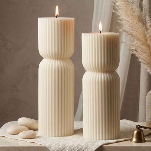 Aesthetic Sandalwood Scented Candles,Ribbed Pillar Candle Set of 2 (7.87" & 9.05" Tall), Natural Soy Wax Minimalist Geomet...