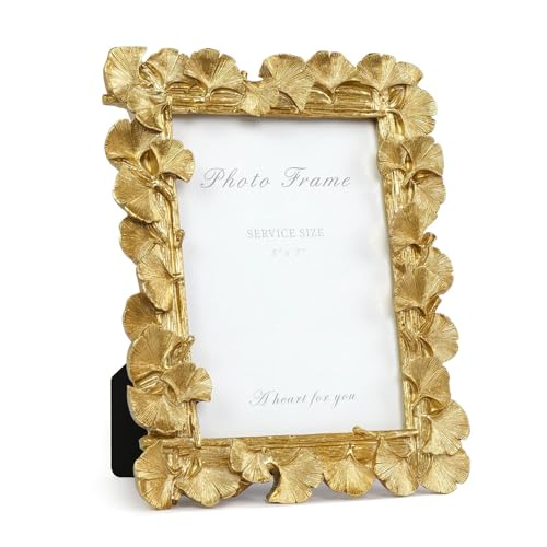 Cuspin 5x7 Picture Frame, Vintage Ornate Gold Resin Frame with Glass Front, Ginkgo Leaf Textured Photo Frame for Wall Hang...