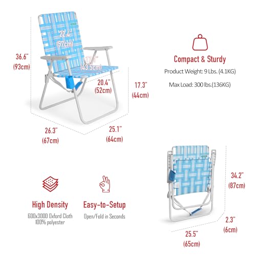 SUNNYFEEL Tall Folding Lawn Beach Chair Lightweight, Portable Sand Chair for Adults Heavy Duty 300 LBS with Cup Holders, F...