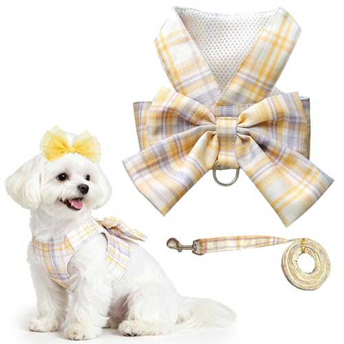 UETZLTB Cute Dog Harness and Leash Set with Bow Tie Soft Mesh Plaid Girl Puppy Harness No Pull Pet Cat Dog Vest Harness fo...