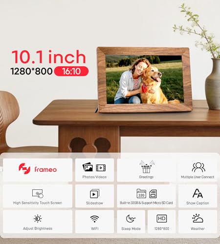 Frameo 10.1" Digital Picture Frame with 32GB Memory WiFi Electronic Photo Frame Wood 1280 x 800 IPS Touch Screen Auto-Rota...