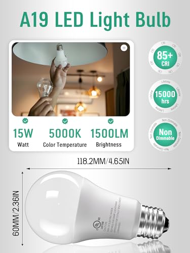 12 Pack LED Light Bulbs 100 Watt Equivalent, A19 15W 5000K Daylight, Super Bright White Light 1500 Lumens, E26 Standard No...