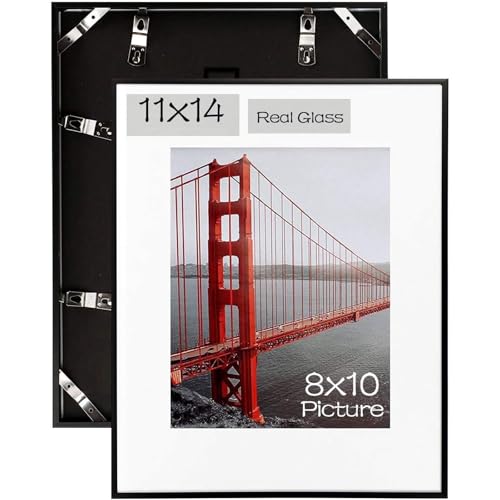 Frametory, 11x14 Aluminum Picture Frame - 11 x 14 Black Frame with Removable Mat for 8 x 10 Photo - 14 by 11 Durable Metal...