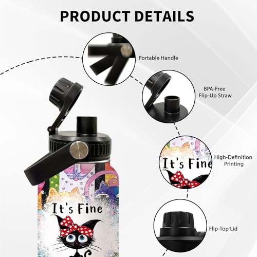 Uibunoo Cat Gifts for Women, Funny Black Cat Water Bottle Cup Tumbler with Lid 32oz Everything Is Fine, Cats Themed Gift f...