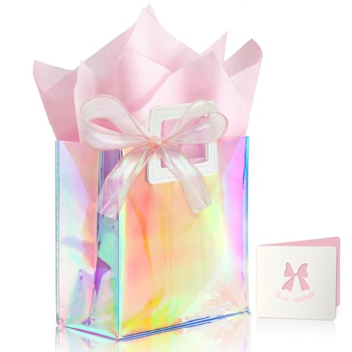 KeerxunBag 1 Pack Holographic Gift Bags with Handles & 2 Tissue Paper Sheets – Iridescent Transparent Reusable Bags for Wo...