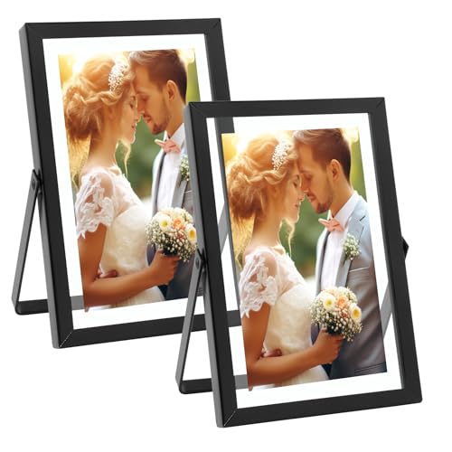 Golden State Art, 2 Pack, 4x6 Inch Metal Picture Frames, Floating Display for 3x5, 2x3 Photos, with Real Glass and Pull-Ou...