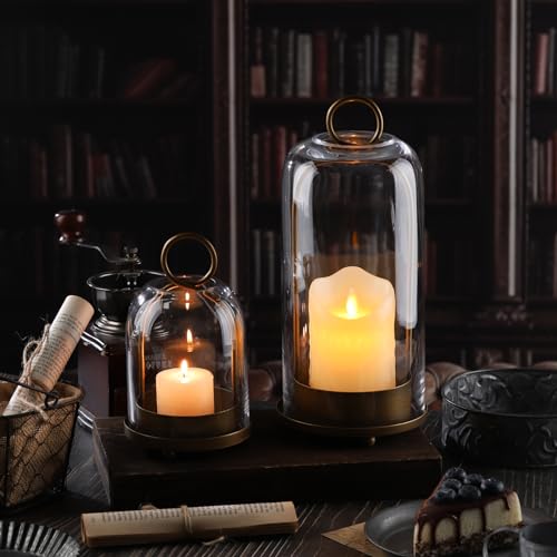 5" & 4" Wide Versatile Metal Candle Holder with Handmade Sturdy Glass Dome in Brass for Pillar Candle & Plants, 5.1" xH11....