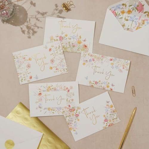 100 Floral Thank You Cards With Envelopes & Stickers - Pretty Wildflower & Gold Foil Assorted Greeting Notes pack for Wedd...
