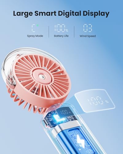 Gaiatop Portable Misting Fan, 180° Foldable Handheld, 3 Speeds USB Rechargeable, Spray Water Mist with LED Digital Displa...
