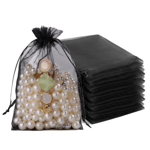 Crweety 50 Pcs Black Organza Bags 4x6 Inch, Small Mesh Gift Bags Drawstring for Jewelry Bracelet Packaging, Premium Sheer ...