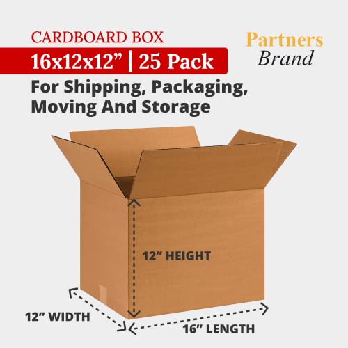 Partners Brand 16x12x12 Corrugated Cardboard Boxes, 16"L x 12"W x 12"H, Pack of 25 | Shipping, Packaging, Moving, Storage ...