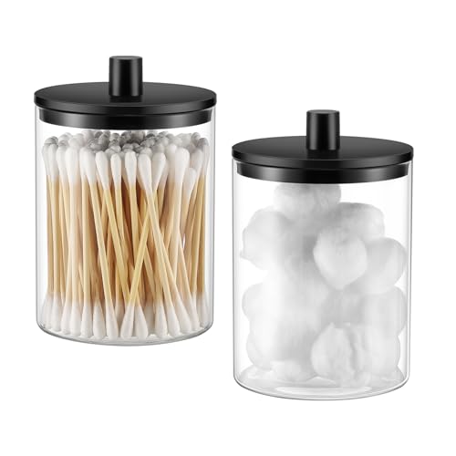 TIPGO Glass Qtip Holder Dispenser - 10 oz Clear Canister Apothecary Jar, Bathroom Vanity Storage Organizer Set for Cotton ...