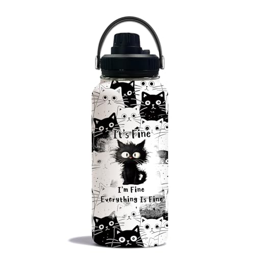 WWHSAI Cat Lover Gifts, Everything Is Fine I'm Fine Black Cats Water Bottle Travel Tumbler 32Oz, Christmas Birthday Gift f...