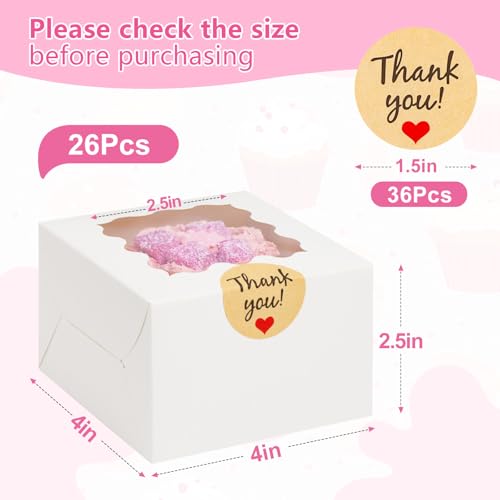 ZYFOTZUN 26pcs White Cookie Boxes with Window, 4x4x2.5 Inches Small Bakery Boxes with 36pcs Stickers, for Mini Cake Cookie...