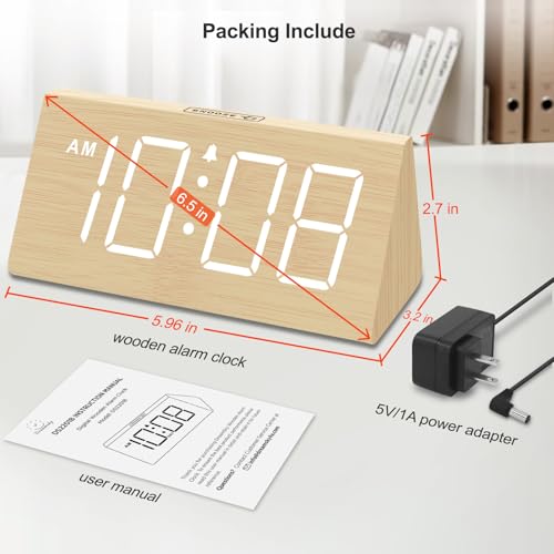 DreamSky Wooden Digital Alarm Clocks for Bedrooms - Electric Desk Clock with Large Numbers, USB Port, Loud Alarm for Heavy...