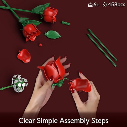 Red Rose Flowers Bouquet Building Set - Valentine's Day Gift Compatible with Lego Flowers for Adults Women, Collection Chr...