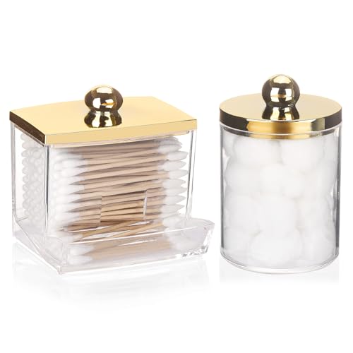 Tbestmax 2 Pack Qtips Dispenser - Bathroom Organizers and Storage Containers, Plastic Apothecary Jars with Gold Lids for C...
