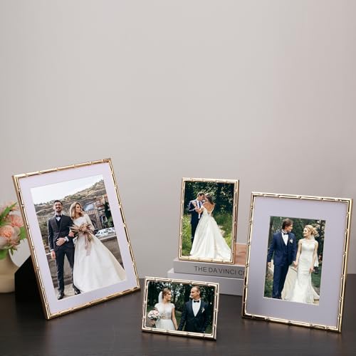 YiPinYin 8x10'' Bamboo Detail Gold Metal Picture Frame with Acid Free Mat for 5x7'' Set of 2,Narrow Gold Plated Photo Fram...