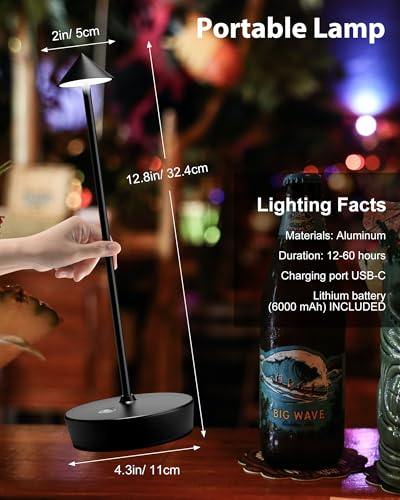 SHANGCAI Cordless Table Lamps Rechargeable, 6000mAh Battery Operated LED Desk Lamp Outdoor Waterproof Portable Touch Dimma...