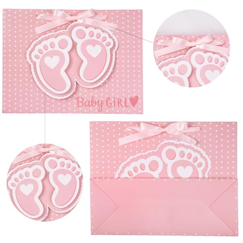 LeZakaa 13" Pink Gift Bags with Tissue Paper, Gift Card, Foot Print & Baby Girl Lettering Design for Baby Shower, Little O...