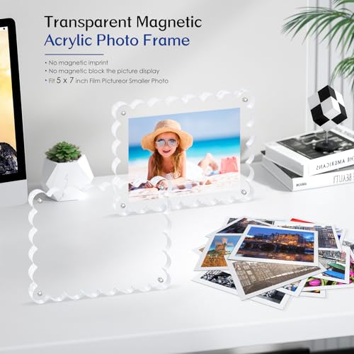 Novacrylion 2Pack Acrylic Magnetic Photo Frame 5x7 Inch - Sleek Scalloped Design, 10+10mm Thick Crystal Clear Block, Frees...