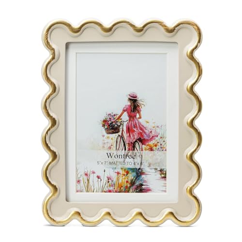 Wontree 5x7 Picture Frame in Beige with Shinning Gold Wavy Edge, Resin Frame with Real Glass, Display 5x7 Photos Matted to...