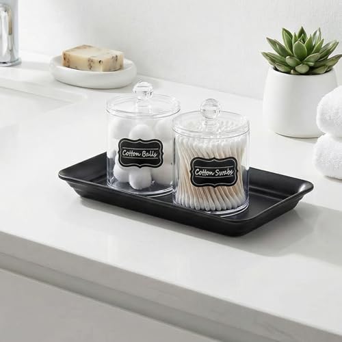SheeChung Clear Acrylic Qtip Holder with Labels–Shatterproof Plastic Apothecary Jars for Bathroom Organization–Vanity Cott...