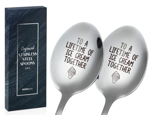 INNObeta Engraved Ice Cream Spoons, Gifts for Couple, 2 Pcs Stainless Steel Coffee Spoon, To a Lifetime of Ice Cream Together