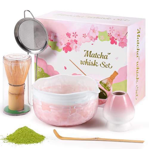 Birthday Gifts for Women: Matcha Whisk Set with Ceramic Matcha Bowl - Bamboo Matcha Whisk & Holder,Bamboo Scoop,Sifter - C...