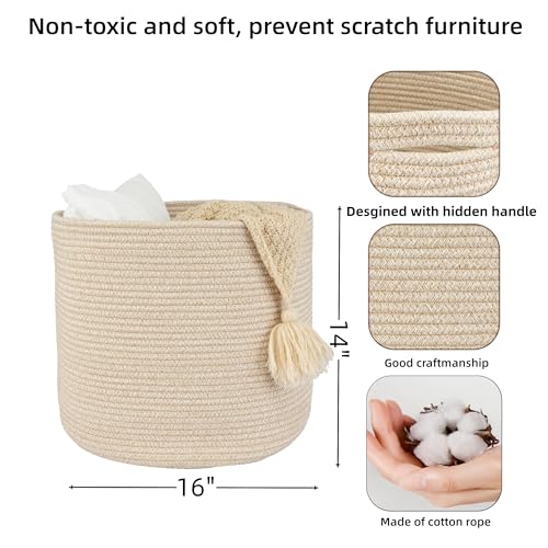 XUANGUO Cotton Rope Basket For Girls Boys Kids 16”X14” Baby Laundry Basket Nursery Bin Round Woven Baskets Organizer For S...