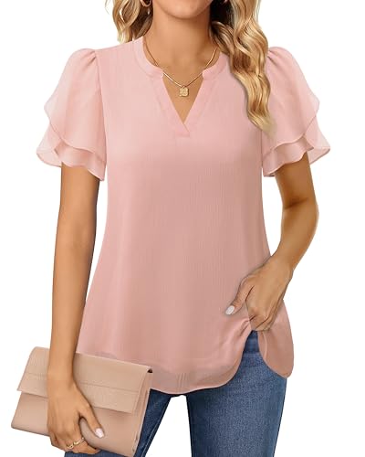 Lotusmile Womens Dressy Chiffon Blouses Summer Puff Petal Short Sleeve Shirts V Neck Casual Work Tops