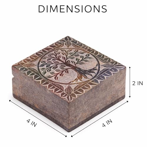 KC KULLICRAFT Hand Carved Marble Soapstone Square Shape Jewellery Box | Storage Organizer | Decorative Trinket Ornament Ho...