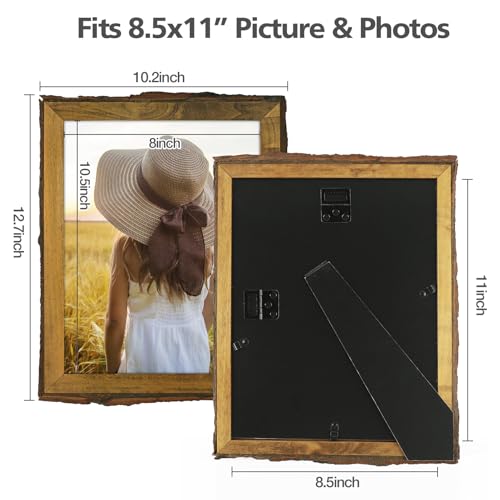 Golden State Art, 8.5x11 Picture Frame Rustic Brown, Solid Wood Picture Frame with Bark Edges & Real Glass Cover, Display ...