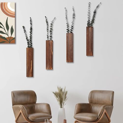 Sawoake Wooden Wall Planter Set of 4 - Modern Home Decor for Living Room, Bedroom, Bathroom - Walnut Finish Planter for Dr...
