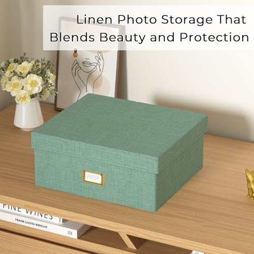 Decorative Photo Storage Box - Linen Photo Box Organizer with Dividers, Fits Holds Up to 1700 Pictures and 4x6 Photos, Mem...