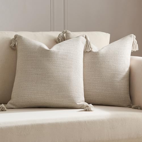 Meekio Set of 2 Linen Beige Pillow Covers 18x18 with Tassels, Linen Look Decorative Throw Cushion Covers for Sofa Couch, F...