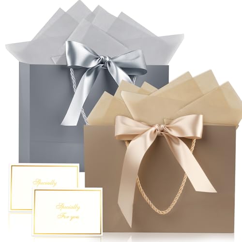 Ninsula 2 Pcs Large Gift Bag, Birthday Gift Bag With 2-Color Ribbon, 2 Greeting Cards and 4 Sheets Tissue Paper, Portable ...