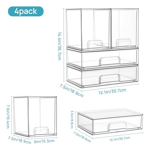Vtopmart Clear Stackable Storage Drawers Set of 4, Plastic Organizer Bins for Makeup, Cosmetics, Beauty Supplies,Ideal for...