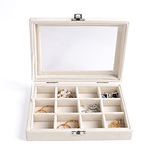 Frebeauty Jewelry Organizer Tray with Clear Lid - 12 Grid Velvet Drawer Insert Storage Box - Transparent Lid Display Case...