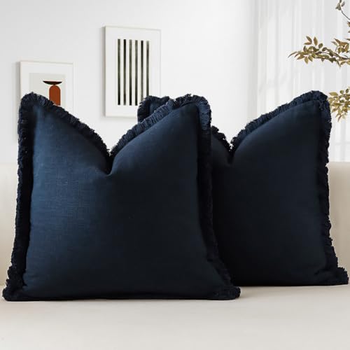 OTOSTAR Set of 2 Linen Fringe Decorative Throw Pillow Covers 24x24 Inch Soft Accent Cushion Covers with Tassels Boho Farmh...