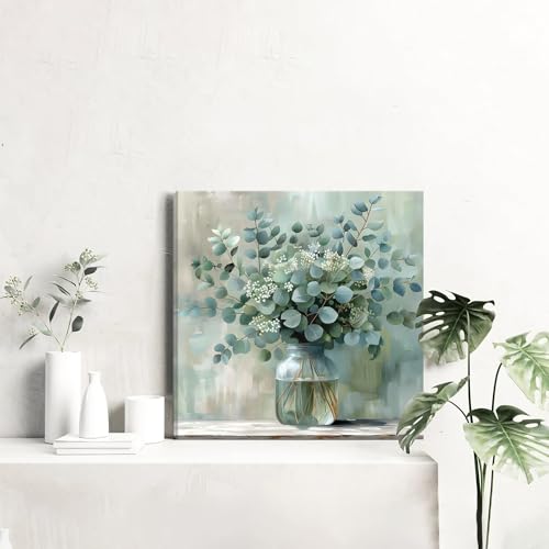 FWAHREN Botanical Eucalyptus Canvas Wall Art, Framed Sage Green Plant Prints Artwork, Farmhouse Wild Flower Pictures, Larg...