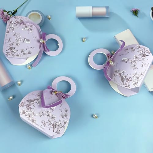 20 PCS Small Gift Boxes, Flower & Bird Party Favor Boxes Goodie Bags with Handle, Velvet Bow, Pearl Pendant for Wedding An...