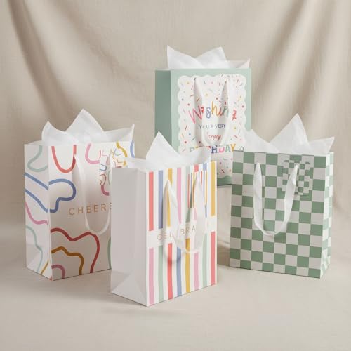 Beautiful Gift Bags Set of 4 - Medium Sized 9" Bags with Handles incl. Matching Tissue Paper, Cards & Small Stickers - Reu...